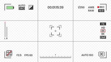 Kamera-Sucher-Video- oder Fotorahmen-Recorder flache Design-Vektorillustration. digitalkamera-sucher mit belichtungseinstellungen und fokussiergittervorlage. vektor