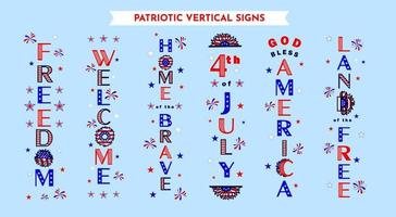 6 vertikala verandaskyltdesigner med patriotiska citat välkomna, gud välsigne Amerika, 4 juli, de modigas hem, friheten, de frias land. typografisk festaffisch. vektor illustration.