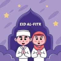 niedliche karikaturillustration muslimischer jungen und mädchen, die sich freuen, eid al-fitr ramadan für banner, broschüren, aufkleber zu begrüßen vektor