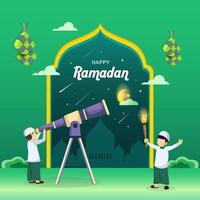 ramadan kareem, muslimska människor söker på himlen med ett teleskop efter nymånen som signalerar början av den heliga månaden ramadan vektorillustration vektor