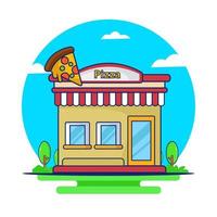 Gebäude Architektur Shop Pizza Symbol Logo Vektor Design Illustration. Fast-Food-Restaurant-Logo.