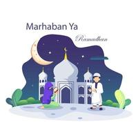 ramadhan kareem konzeptillustration. glückliche muslimische menschen feiern den heiligen monat ramadhan, eid mubarak gruß. flacher Vektorvorlagenstil für Web-Landingpage, Hintergrund. vektor