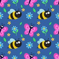 nahtloses Muster mit Schmetterling, Biene und Blumen. sich wiederholendes Vektormuster mit Insekten. eine idee für urlaubseinladungen, kinderkreativität, für papier, stoff, textilien, geschenkverpackung, werbung. vektor