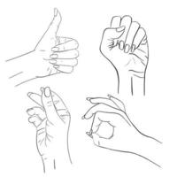 Vektorsatz weiblicher Hände und Gesten. Frauenhandsammlung - Aktienskizzenzeilenillustration lokalisiert auf weißem Hintergrund. Malbuch. Daumen hoch, Fingerschnippen, ok, geballte Faust.