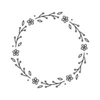 våren blommig krans isolerad på vit bakgrund. rund ram med blommor. vektor handritad illustration i doodle stil. perfekt för kort, inbjudningar, dekorationer, logotyper, olika mönster.