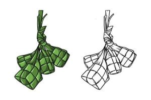 ketupat. ris knödel mat vektorillustration. passar för islamisk hälsning, eid mubarak traditionell mat, ramadanmat. färg och svart version. vektor