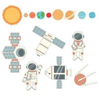 raumset mit astronauten, planeten und raumschiffen, flaches design, vektorillustration