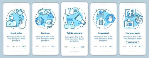 Betrugsprävention beim Onboarding auf der Seite der mobilen App mit linearen Konzepten. Fünf Walkthrough-Schritte mit grafischen Anweisungen. Kostenlose Betrugswarnungen. online suchen. ux, ui, gui-vektorvorlage mit illustrationen vektor