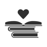 Symbol für die Verteilung von Bildungsbüchern. freiwilliger Leser. Bücher spenden. Stapel Liebesromane. Liebe zum Lesen. Silhouettensymbol. negativer Raum. vektor isolierte illustration