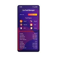 bil bränsle manager smartphone gränssnitt vektor mall. layout för färgdesign för mobilapp. arrangörsskärm för fordonstankning. platt UI för applikation. strömtyper lista telefon display..