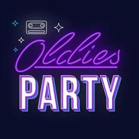 oldies party vintage 3d vektor bokstäver. retro fet stil, typsnitt. popkonst stiliserad text. old school stil neon ljus bokstäver. 90-, 80-talsaffisch, banderoll. mörk violett färgbakgrund