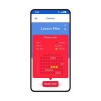Filmplätze buchen Smartphone-Schnittstelle Vektorvorlage. Seitendesign-Layout für mobile Apps. Kino, Konzertkartenkauf .. Leinwand. flache Benutzeroberfläche für die Anwendung. Online-Platzreservierung. Telefonanzeige vektor