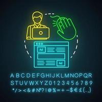 Symbol für ppc-Spezialisten für Neonlicht. Spezialgebiet digitales Marketing. Paid-Search-Analyst, Vermarkter. Pay-per-Click-Verwaltung. leuchtendes zeichen mit alphabet, zahlen und symbolen. vektor isolierte illustration