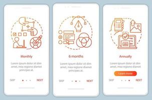 fotoeditor-abonnement beim onboarding des mobilen app-seitenbildschirms mit linearen konzepten. 6 Monate Tarif. drei Walkthrough-Schritte mit grafischen Anweisungen. ux, ui, gui-vektorvorlage mit illustrationen vektor