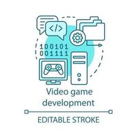 Symbol für das Entwicklungskonzept von Videospielen. Installation von Unterhaltungsprogrammen. gaming software programmierung, tuning, testidee dünne linienillustration. Vektor isoliert Umrisszeichnung. editierbarer Strich