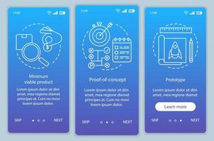 starttestning onboarding mobil app sida skärm vektor mall. produkttest. mvp, poc, prototyp. genomgång av webbplatssteg med linjära illustrationer. ux, ui, gui smartphone gränssnitt koncept