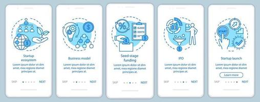 startup onboarding mobil app sidskärm med linjära koncept. bygga företag genomgång steg grafiska instruktioner. ux, ui, gui vektormall med illustrationer vektor