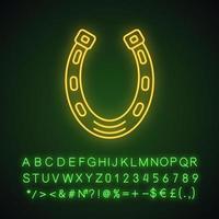 Hufeisen-Neonlicht-Symbol. Viel Glück Maskottchen. Tag des Heiligen Patrick. leuchtendes zeichen mit alphabet, zahlen und symbolen. vektor isolierte illustration