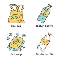 Zero waste swaps handgjorda färgikoner set. miljövänliga, ekologiska, naturliga, hållbara produkter. återvinna, återanvändbart material. plast- och vattenflaska, eko-tvål och påse. isolerade vektorillustrationer vektor