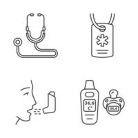 medicinsk utrustning linjära ikoner set. stetoskop, medicinsk alert id-halsband, inhalator, babytermometer. hälsoövervakare. tunn linje kontur symboler. isolerade vektor kontur illustrationer. redigerbar linje