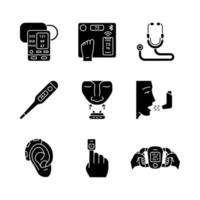 Glyphensymbole für medizinische Geräte gesetzt. Blutdruckmessgerät, Digitalthermometer, Anti-Schnarch-Clip, Inhalator, Hörverstärker, Fingerpulsoximeter. Silhouettensymbole. vektor isolierte illustration