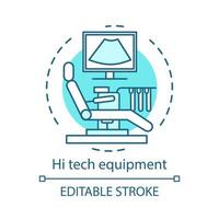 hi tech medicinsk utrustning konceptikon. undersökning. patientstol, monitor, provrörsbord. ultraljud diagnostiska rum idé tunn linje illustration. vektor isolerade konturritning. redigerbar linje