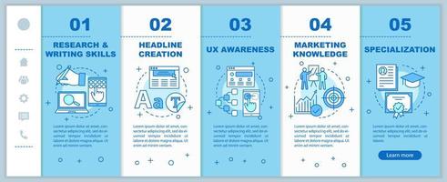 copywriting kurser onboarding mobila webbsidor vektor mall. digital marknadsföring. smm. innehållsskapande. idé för responsiv smartphone-webbplatsgränssnitt. webbsida genomgång steg skärmar. färg koncept
