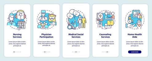 bereitgestellte Dienste der Hospizpflege beim Onboarding des mobilen App-Bildschirms. Komplettlösung 5 Schritte grafische Anleitungsseiten mit linearen Konzepten. ui, ux, gui-Vorlage. Unzählige pro-fette, normale Schriftarten werden verwendet vektor