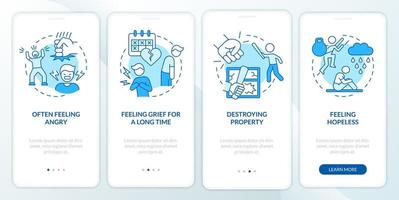 tonåringar psykisk sjukdom symtom blå onboarding mobil app skärm. genomgång 4-stegs grafiska instruktionerssidor med linjära koncept. ui, ux, gui mall. otaliga pro-fet, vanliga typsnitt som används vektor