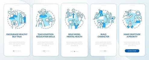 uppfostra mentalt starkt barn blå onboarding mobilappskärm. genomgång 5 steg grafiska instruktioner sidor med linjära koncept. ui, ux, gui mall. otaliga pro-fet, vanliga typsnitt som används vektor