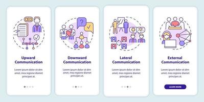 geschäftskommunikationstypen beim onboarding des mobilen app-bildschirms. Teammeeting Walkthrough 4 Schritte grafische Anleitungsseiten mit linearen Konzepten. ui, ux, gui-Vorlage. Unzählige pro-fette, normale Schriftarten werden verwendet vektor