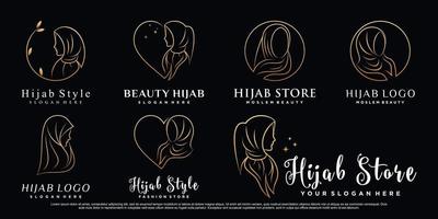 skönhet hijab eller hijab butik ikonuppsättning logotyp med linjekonst stil och kreativa koncept premium vektor