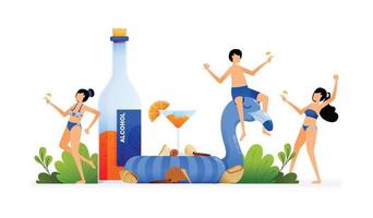 Vektorillustration von Menschen, die während des Urlaubs an heißen tropischen Stränden feiern und Orangengetränke trinken. Design kann für Web, Website, Poster, mobile Apps, Broschürenanzeigen, Flyer, Visitenkarten verwendet werden