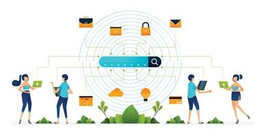 illustration av tillgängligt sökmotornätverk med integrerad iot-teknik för att optimera artificiell intelligens algoritmprofilering. kan användas för webbplats, mobilapp, affisch, flygblad, banner vektor