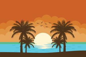 farbenfroher sonnenuntergang auf der tropischen insel. schöner ozeanstrand mit palmenillustration, flache panoramische landschaft der karikatur, sonnenuntergang mit den palmen auf buntem hintergrund