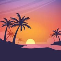 farbenfroher sonnenuntergang auf der tropischen insel. schöner ozeanstrand mit palmenillustration, flache panoramische landschaft der karikatur, sonnenuntergang mit den palmen auf buntem hintergrund