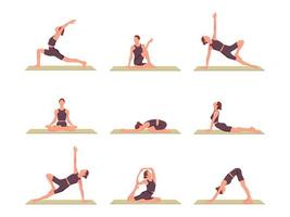 uppsättning av smala sportiga unga kvinnor gör yoga fitness övningar vektor