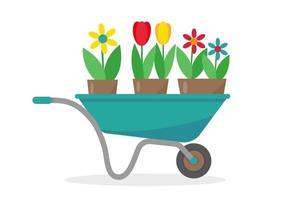 Gartenwagen mit Blumen in Töpfen. frühling oder sommer gartengeräte element vektor illustration.