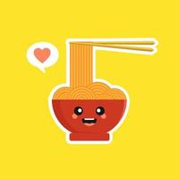 söt och kawaii ramen skål karaktär i platt stil. nudel med ätpinne seriefigur illustration med emoji och uttryck. kan användas för restaurang, resto, maskot, kinesisk. japanska, asiatiska vektor