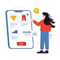 Mädchen, das Online-Produkte kauft, flache Illustration des m-Handels vektor