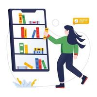 få tag på den här platta illustrationen för mobilbibliotek vektor