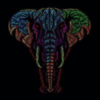 das bunte Design des Elefantenkopf-Gesichtslinien-Pop-Art-Potrait-Logos mit schwarzem, dunklem Hintergrund vektor