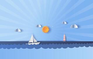illustration des meerblicks mit einem schwimmenden segelboot in der klaren sonne, die den blauen himmel beleuchtet