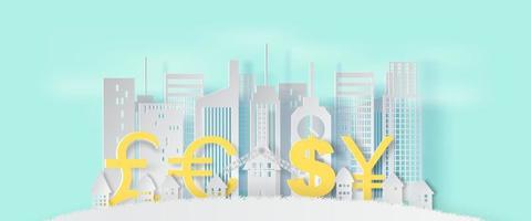 3d papperskonst och hantverksstil av stadsbild och landskap med affärsfinansieringskoncept på blå pastellfärgbakgrund .international trading money exchange finanssystem concept.vector,illustration vektor