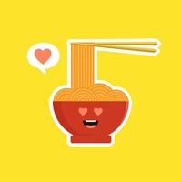 söt och kawaii ramen skål karaktär i platt stil. nudel med ätpinne seriefigur illustration med emoji och uttryck. kan användas för restaurang, resto, maskot, kinesisk. japanska, asiatiska vektor