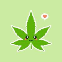 süß und kawaii lächelnd glücklich Marihuana Unkraut grünes Blatt Gesicht. vektor, flache, karikatur, charakter, abbildung, symbol, design. isoliert auf farbigem Hintergrund. Marihuana-Ganja, medizinisches Cannabis und Freizeit-Cannabis vektor