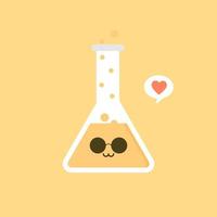 kawaii und niedlicher charakter erlenmeyer chemische flasche flache designvektorillustration. wissenschaftliches experiment, flache art der forschungslaborelemente., chemie, biologie, physik, pharmazie, medizin vektor