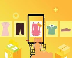 Online-Shopping wird in den Warenkorb gelegt. eine App, um Kleidung online zu kaufen, Vektor