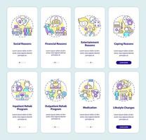 Glücksspielpsychologie beim Onboarding mobiler App-Bildschirmsets. Sucht Komplettlösung 5 Schritte grafische Anleitungsseiten mit linearen Konzepten. ui, ux, gui-Vorlage. Unzählige pro-fette, normale Schriftarten werden verwendet vektor