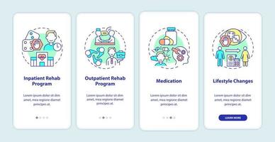 spielsuchtbehandlung beim onboarding des mobilen app-bildschirms. Reha Walkthrough 4 Schritte grafische Anleitungsseiten mit linearen Konzepten. ui, ux, gui-Vorlage. Unzählige pro-fette, normale Schriftarten werden verwendet vektor
